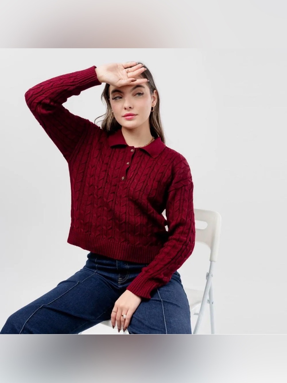 Pink Rose Cable-Knit Polo Sweater in Burgundy